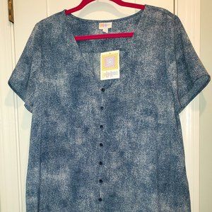 NWT LuLaRoe ShaNWnnah V-Neck Button Down Shirt Size L Blue Tie Dye Crepe Chiffon